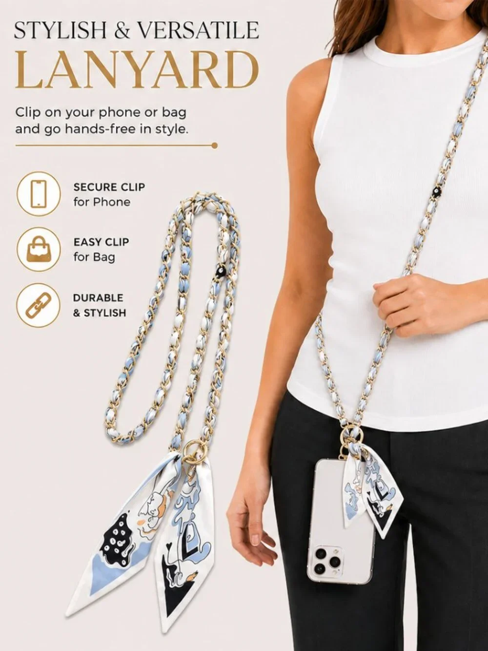 Ribbon Chain Phone Crossbody Lanyard with clear Tether Patch
